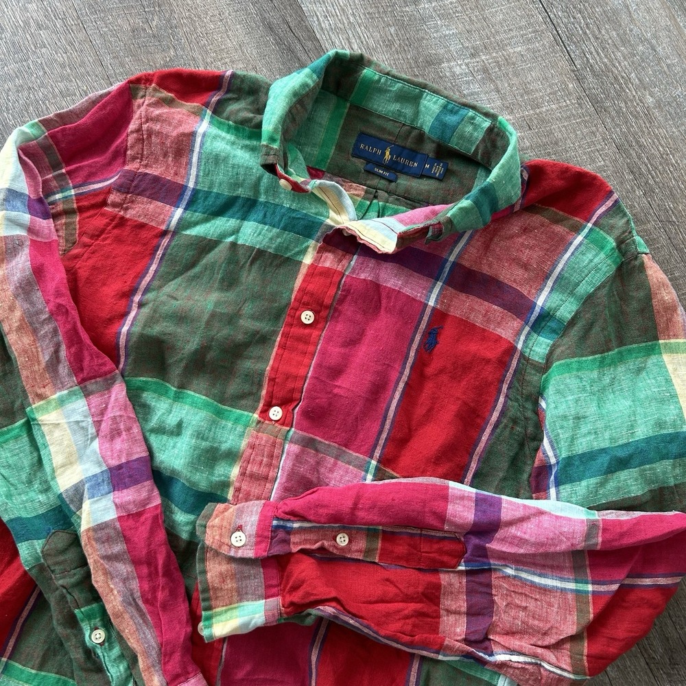 Polo Ralph Lauren Linen Shirt Medium Multi Madras Plaid Button Down Oxford Slim